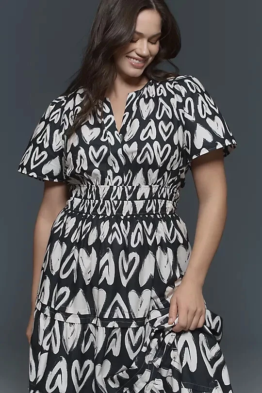 VALENTINO Anthropologie The Somerset Maxi Abito Cotone Stampa Cuori a Livelli Nero S Nuovo con etichette