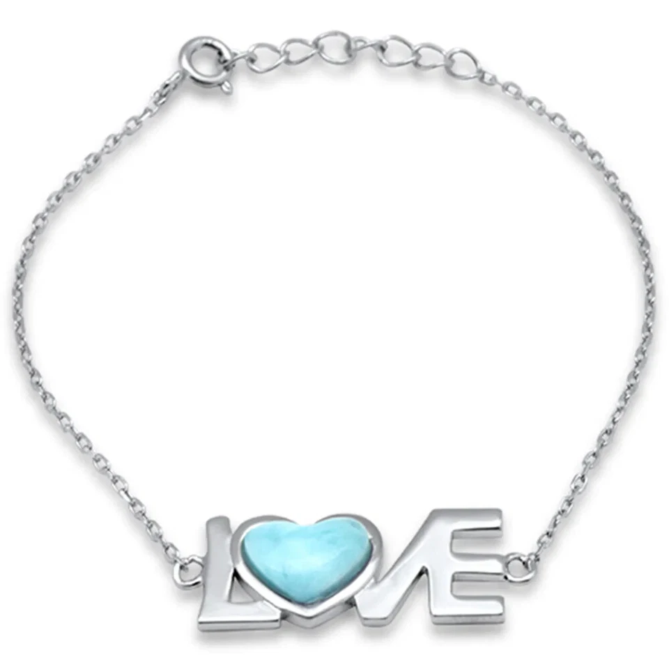 Heart Shaped Natural Larimar (LOVE) .925 Sterling Silver Bracelet 6" + 1" Adjust - Image 2 of 2