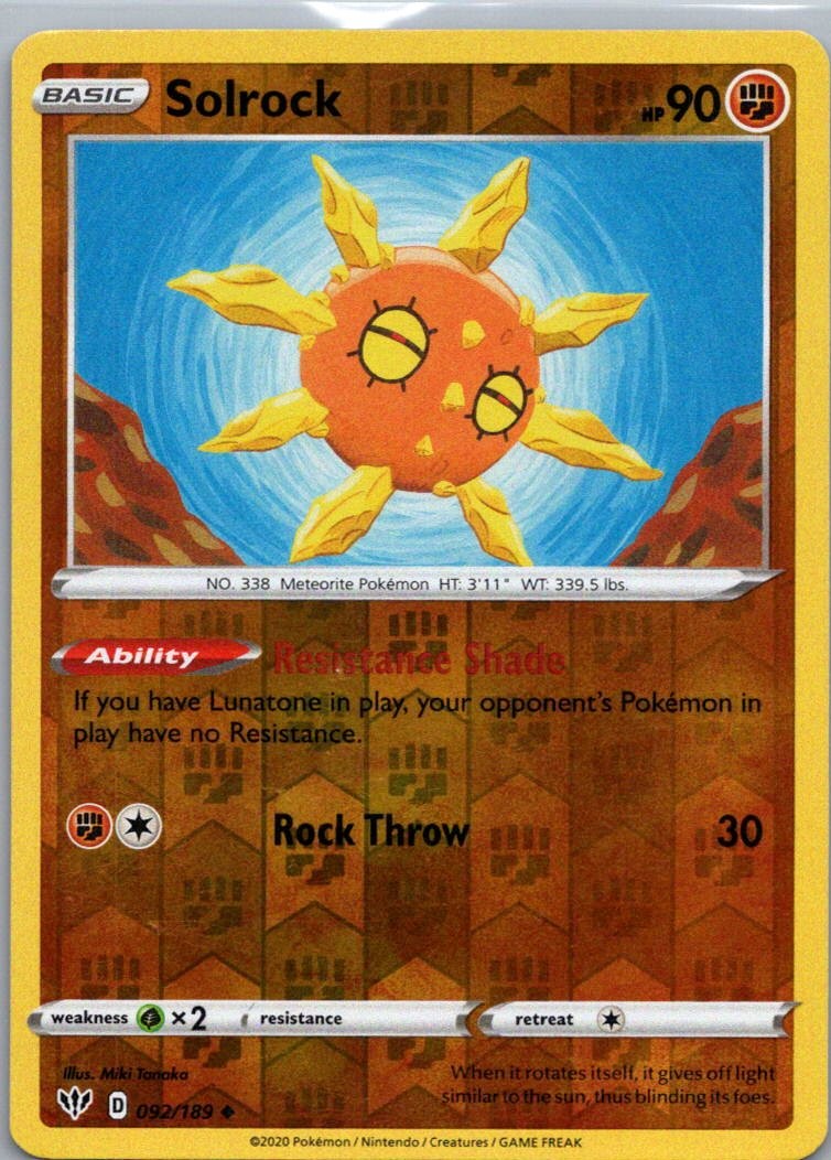 Pokemon TCG Solrock 92/189 Darkness Ablaze Rev Holo LP