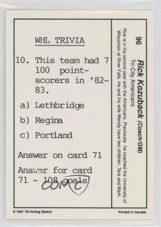 1990-91 7th Inning Sketch WHL Rick Kozuback #96 - Image 2 of 2