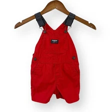 Osh Kosh Baby Boys 18M Red Shortalls Overalls Blue Canvas Straps Leg Snaps