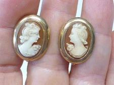 Oval Lady & Flower Shell Cameo 1/20 12K Gold Filled Earrings Screwback Vintage