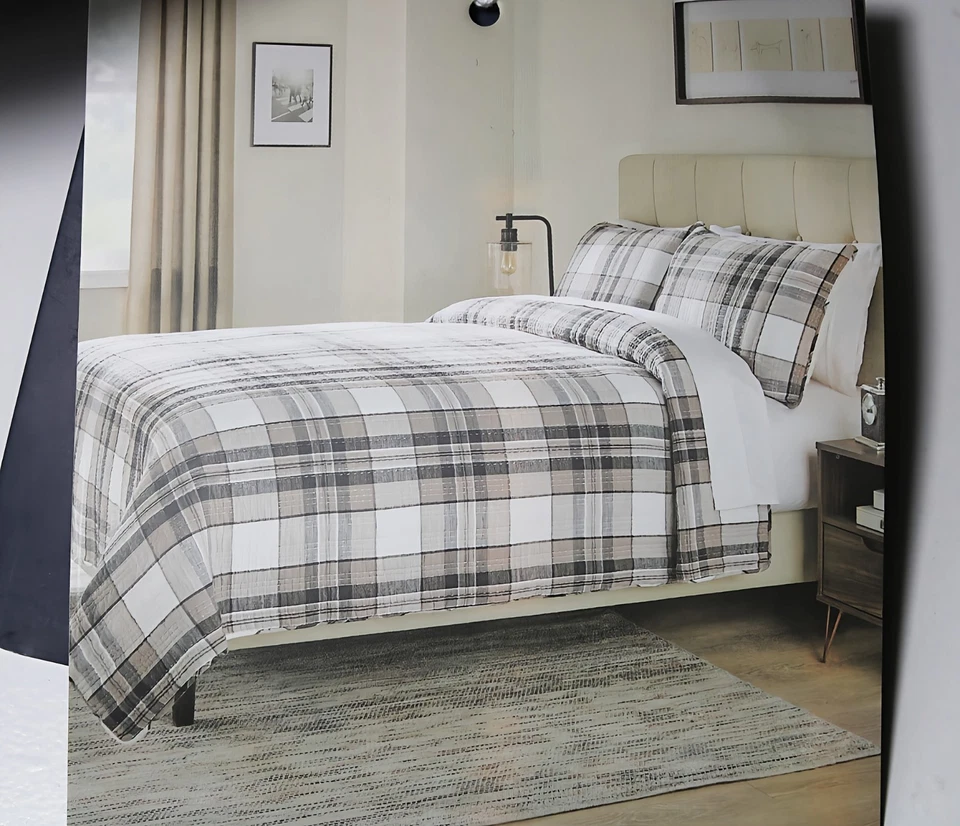 ✨Nuevo Juego de Edredón Brooks Brothers Gris/Marrón Tostado Algodón Slub King Genuino Foto 2 de 3