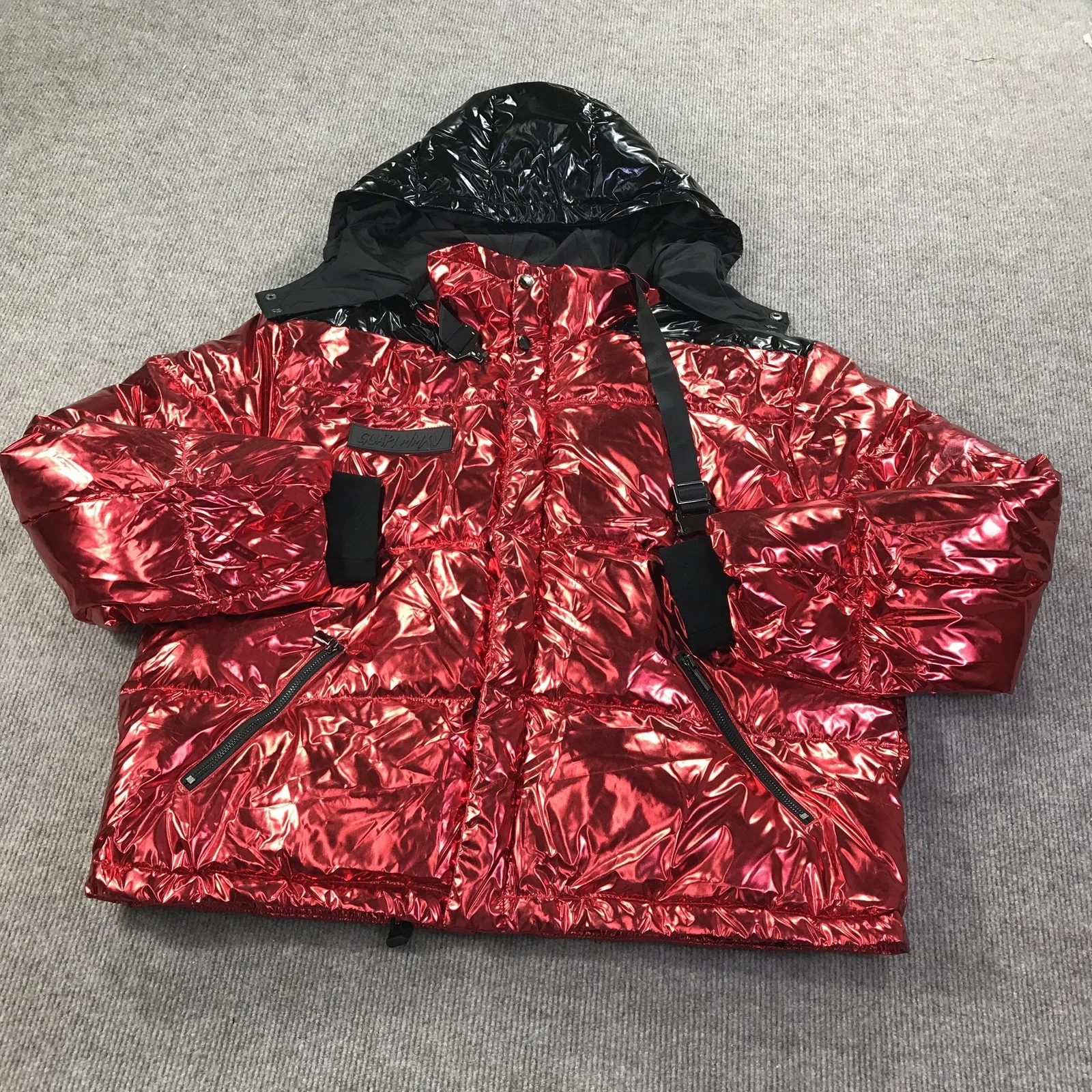 GVAPI Puffer Jacket Mens XL Red Black Metallic Down Hooded Limited Edition Coat