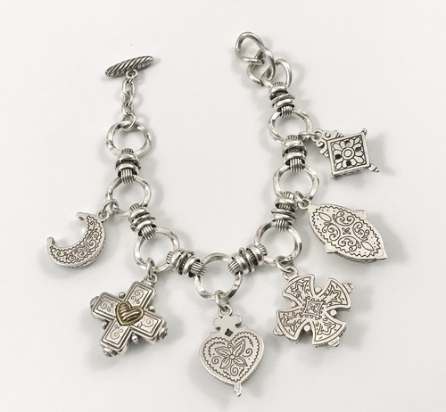 Brighton Silver & Gold Cross Heart Moon Charm Toggle Bracelet 7.5 In. #671 - Picture 3 of 5