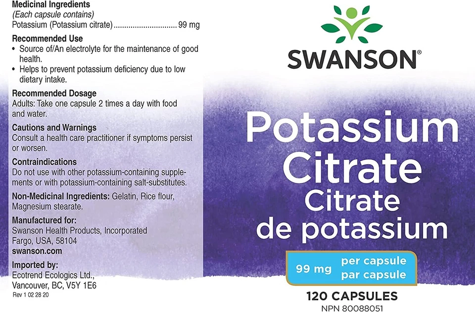 Citrato de POTASIO 120 cápsulas 99 mg para salud cardiovascular cardíaca, renal, nerviosa Foto 2 de 4