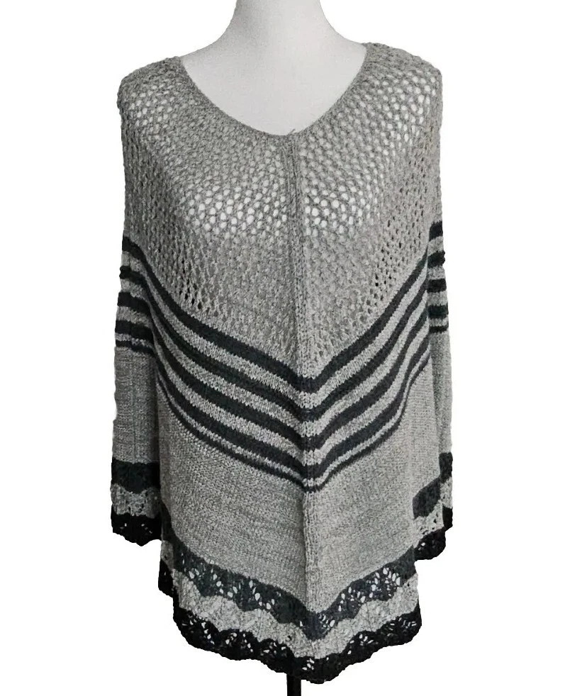 Vertigo Retro Boho Poncho Knit Shawl Gray Black Mesh Crochet Size Small NEW $140