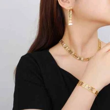 NEW WOMEN'S GREEK KEY NECKLACE & EARRING, BRACELET SET YELLOW GOLD PLATED BEAUTY