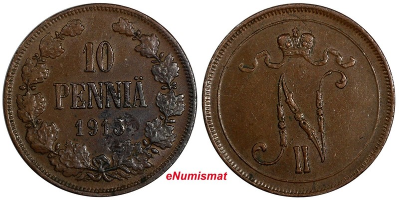 Finland Nicholas II Copper 1915 10 Penniä Mintage-420,000 XF KM# 14 (18 745)