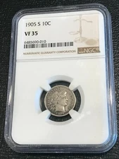 NGC VF35 1905 S BARBER SILVER DIME-NICE BETTER DATE COIN-JUN177