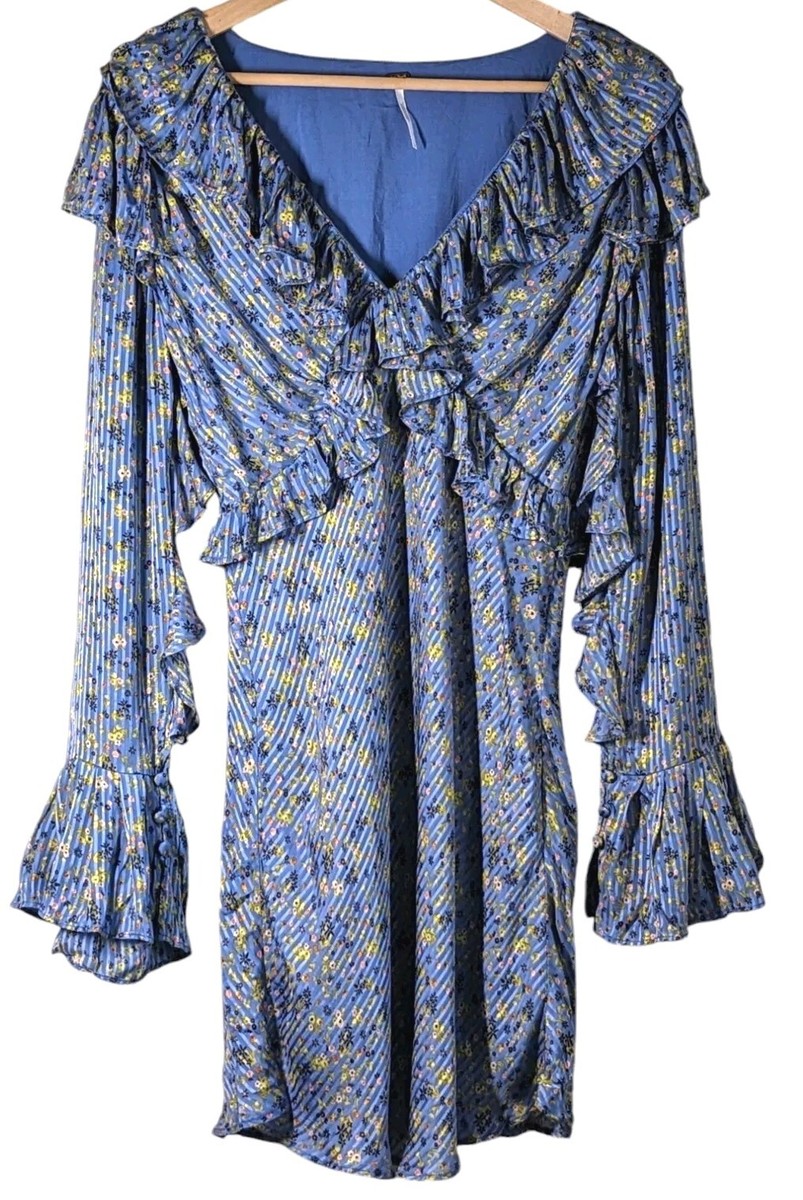 free people blue mini dress Sz 6 Womens Yellow Floral Ruffle Sweetest Thing This mini dress is ruffled-emb Black Party Shoes for Size:us:4