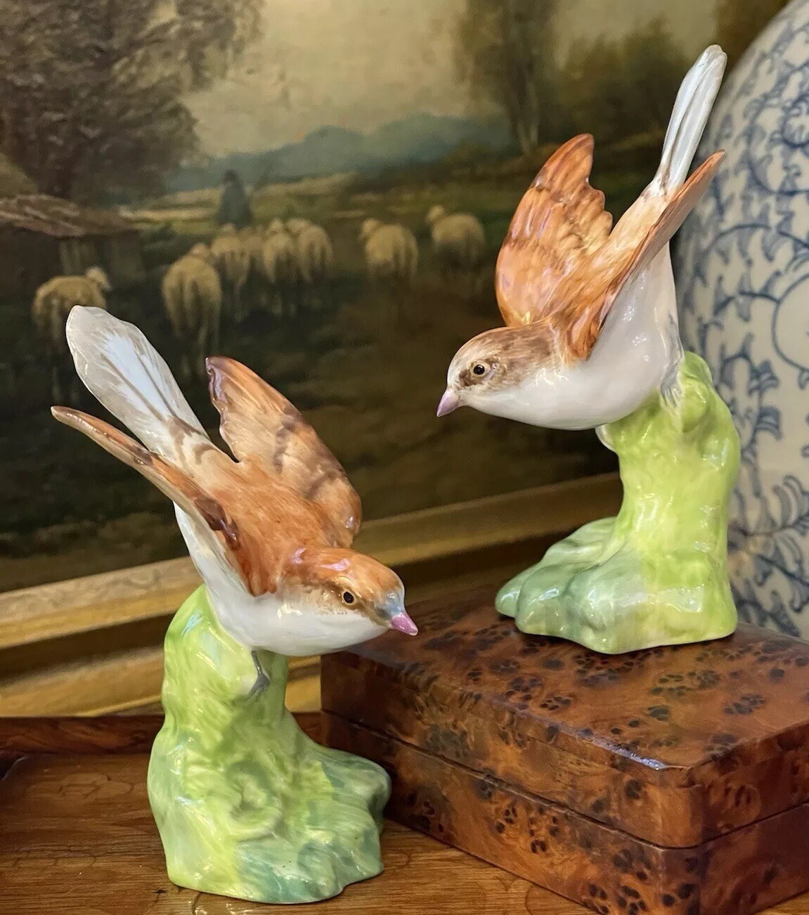 Sumptuous Rare English Crown Staffordshire Swallow Sparrow House Wren Pair 3.75”