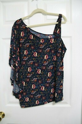 LAVISH Blue Floral Print One Sleeve Ruffle Accent 3X Plus Blouse Top GUC