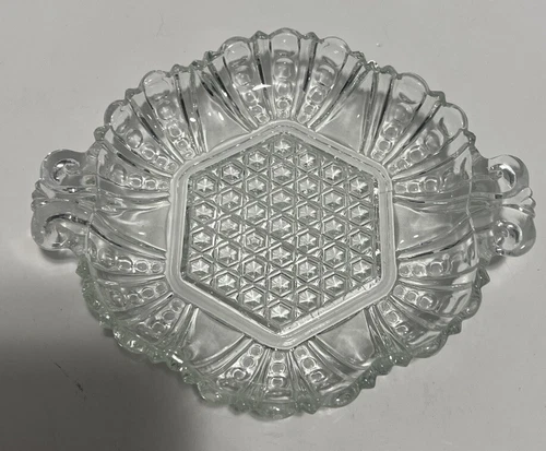 VTG Anchor Hocking AHC44 Clear Glass Dot & Cane 2-Handled 7.5” Candy/Nut Dish