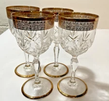 Set 4 Vintage Royal Crystal Rock RCR Gold Trimmed Stemmed 7" WINE/Water  Glasses