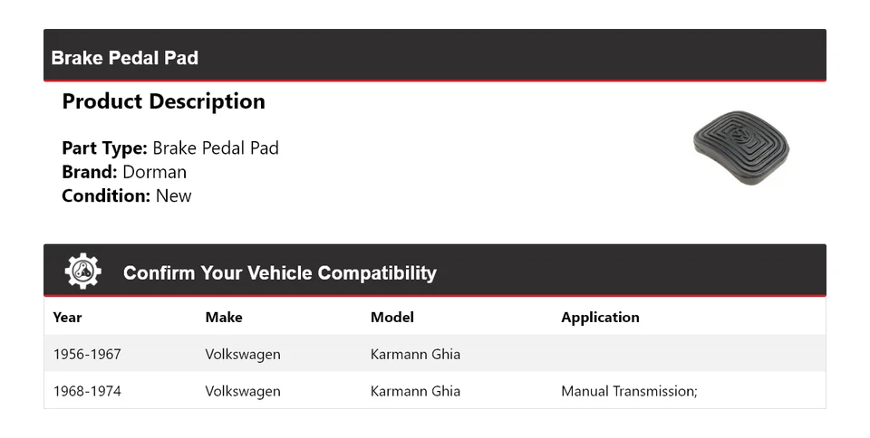 Pastilla de pedal de freno para Volkswagen Karmann Ghia Dorman 1956-1974 1958 1959 1960 Foto 2 de 4