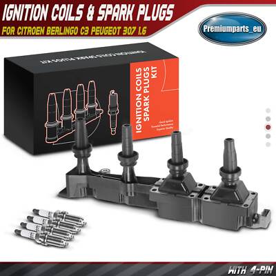 597080 Ignition Coil & Spark Plugs for Citroen Berlingo C3 Peugeot 1007 307 1. ...