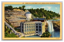 Rochester New York Genesee River Power Plant Lower Falls Linen Unp Postcard