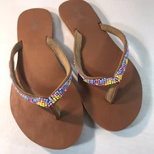 Capelli New York Lt. Brown Leather Beaded Flip Flops Womens Size 10