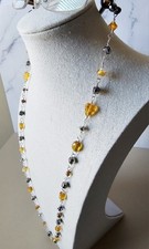 New Artisan Amber Tone Glass/Silver Bead Eyeglass Lanyard Chain 28" Black Grips