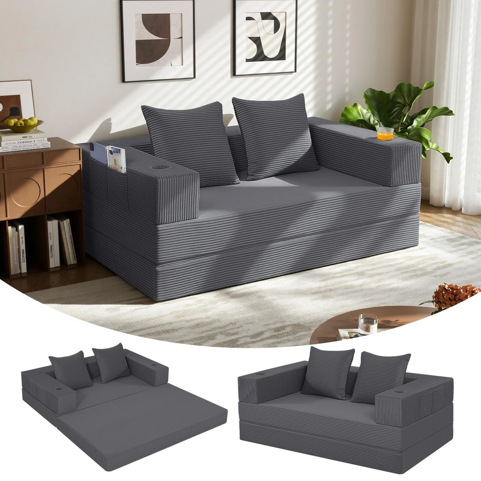 4in1 Boneless Couch, Convertible Sofa Bed with Armrests, Folding Mattress...