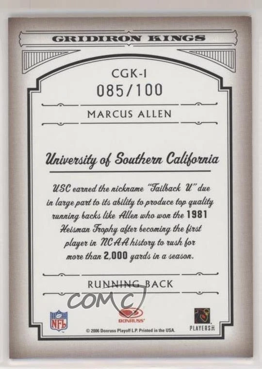 2006 Donruss Threads College Gridiron Kings Red Framed /100 Marcus Allen HOF - Image 2 of 2