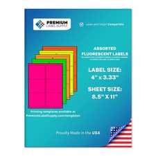 Premium Label Supply Bright Neon Fluorescent Stickers - 4" x 3.33" Assorted Labe