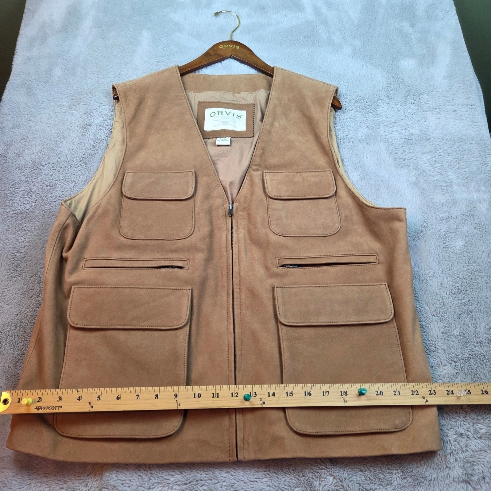 Orvis Suede Leather Vest Men XL Full Zip Multi Pocket Hunting Fishing Camp Tan