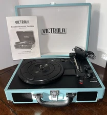 Victrola Vintage Blue 3Speed Bluetooth Portable Suitcase Record Player NICE!