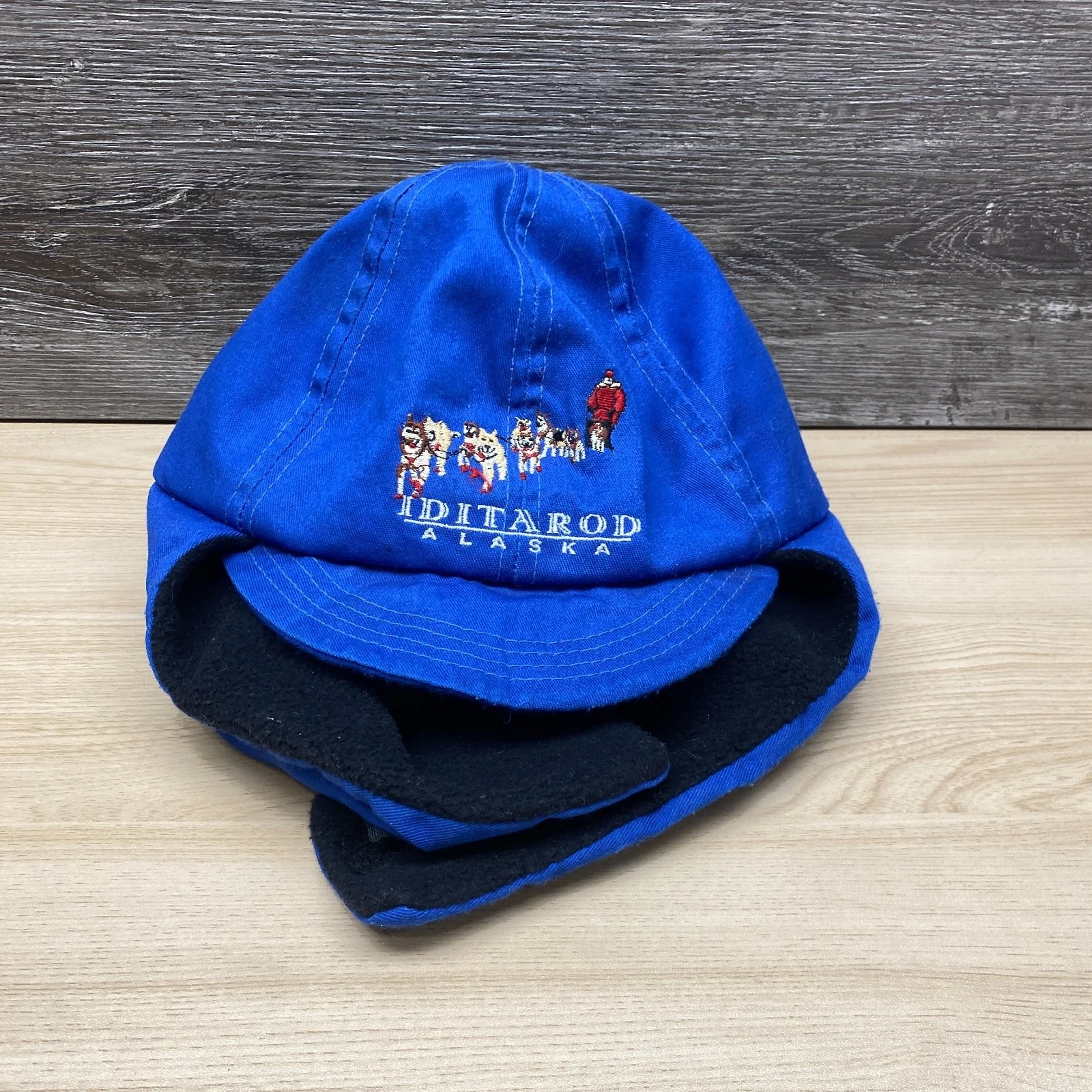 Iditarod Alaska Hat Cap Strap Back Blue Winter Fleece Ear Flaps Sled Dog Race