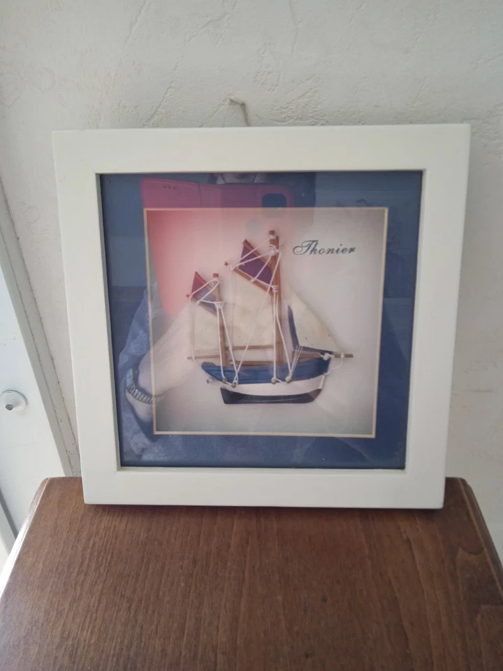 Cadre carré bois vitrine marin écrit Thonier bateau voilier 20 cm x 20 cm H 4 cm - Photo 1/1