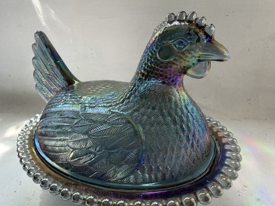 Indiana Glass Iridescent Blue - Carnival Style - Hen On Nest - 7'' - Vintage  