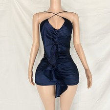 Rare London Women’s Navy Blue Ruched Bodycon Mini Dress With Spaghetti Straps