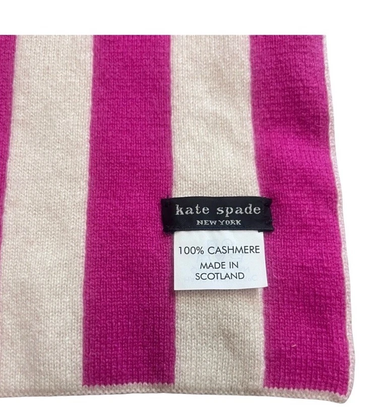 100% Cashmere Made In Scotland Kate Spade Pink And Cream Striped Scarf W/dustbag - Image 4 of 4