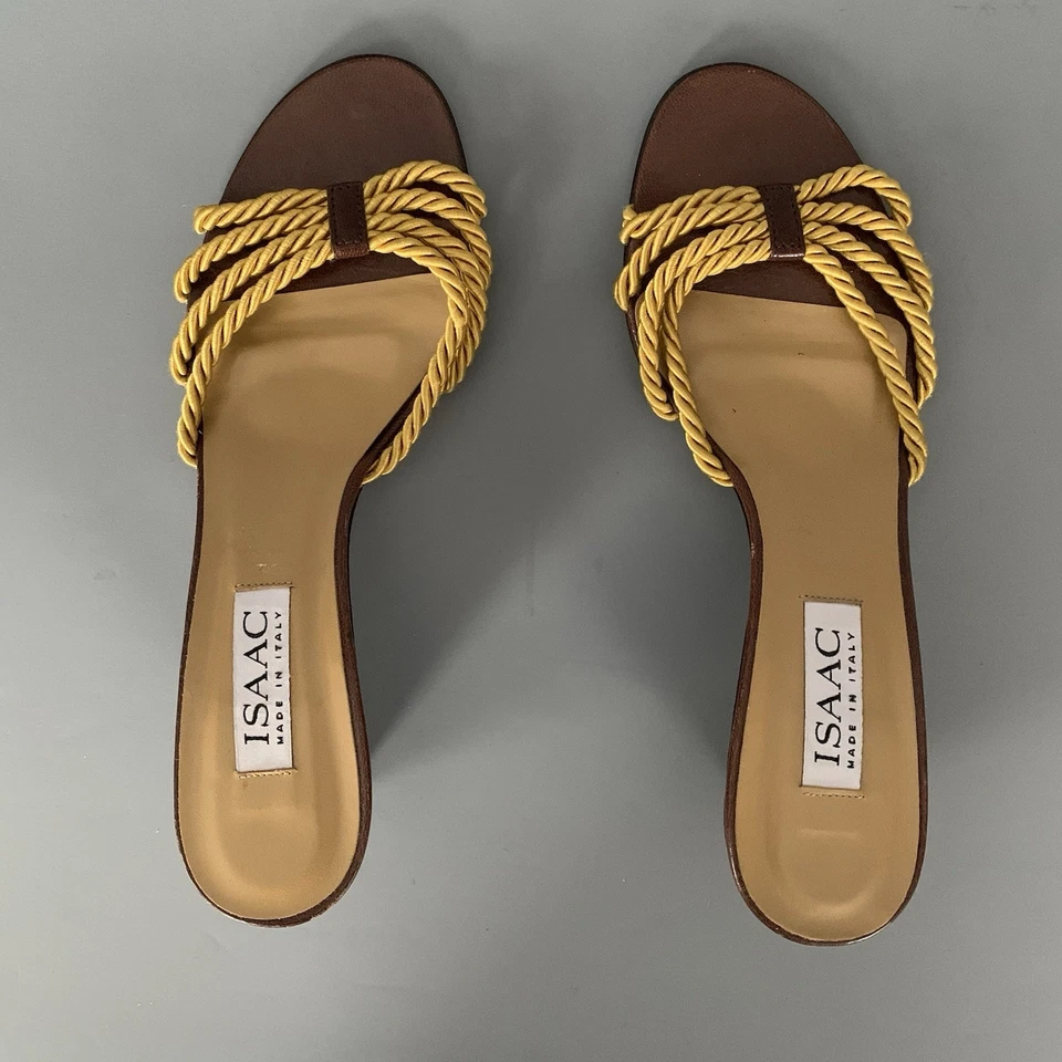 Isaac Mizrahi Woven Wedge Mule Sandal 8 Vintage Gold Celebrity Designer Italy - Image 4 of 4