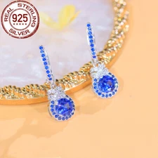 CZ Round Huggie Hoop Dangle Earrings 925 Sterling Silver Tanzanite Blue Jewelry