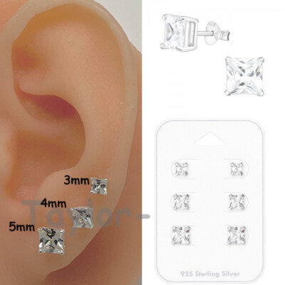 925 Sterlingsilber klare quadratische Prinzessschliff Ohrstecker Set oder einzelnes Paar 
