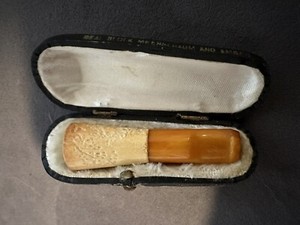 Vintage Antique Natural Amber Cigar Holder Original Leather Case