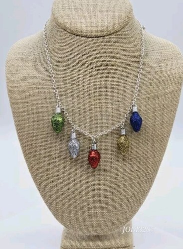 Christmas Necklace String of Light Bulbs Glitter Bulbs Silver tone Vintage 21 in