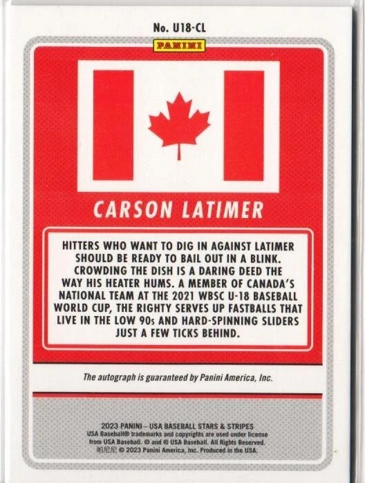 2023 Panini USA Stars & Stripes Autograph Carson Latimer RC AUTO SP/72 #U18-CL - Image 2 of 2