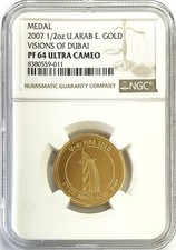 2007 GOLD UNITED ARAB EMIRATES 1/2 OZ VISIONS DUBAI KHALIFA MEDAL NGC PF 64 UC 5778.00 per troy oz