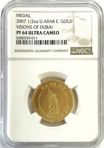 2007 GOLD UNITED ARAB EMIRATES 1/2 OZ VISIONS DUBAI KHALIFA MEDAL NGC PF 64 UC