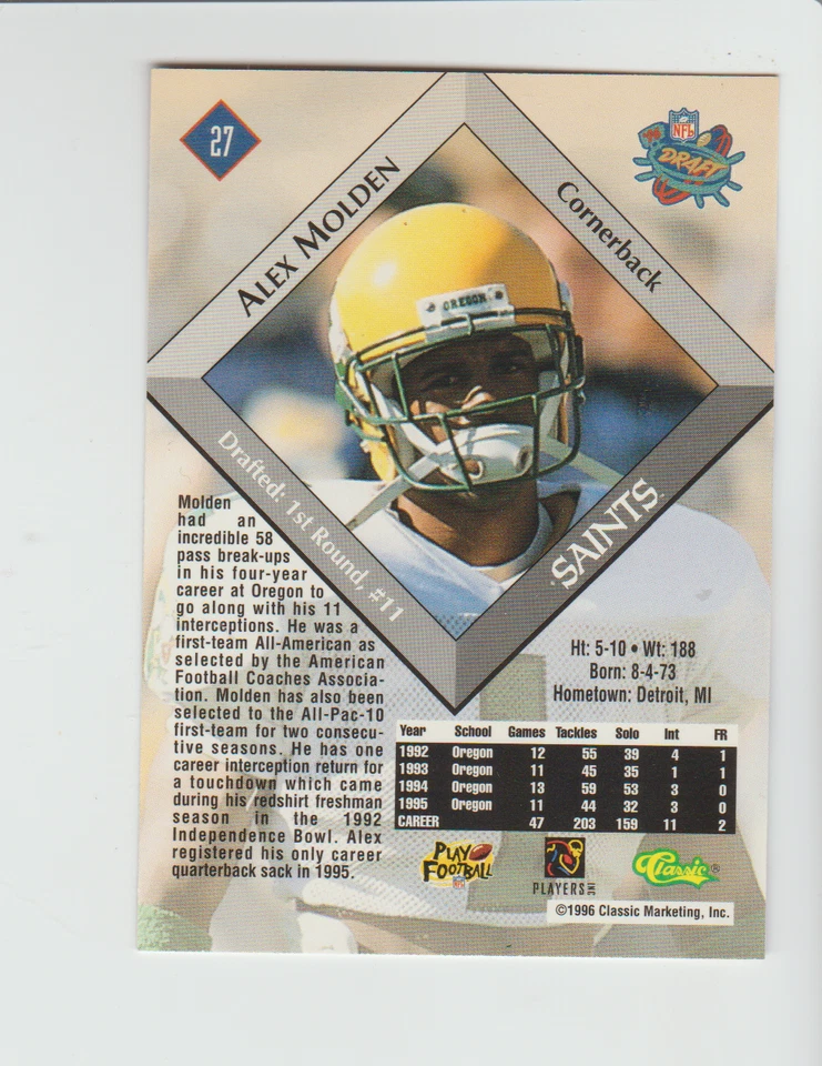 1996 Classic Draft #27 Alex Molden rookie card, Oregon Ducks legend - Image 2 of 2