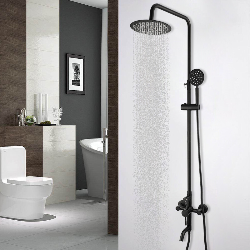 Black Shower Faucet Set Rainfall Spout Round Head Handheld Sprayer Mixer Tub Tap