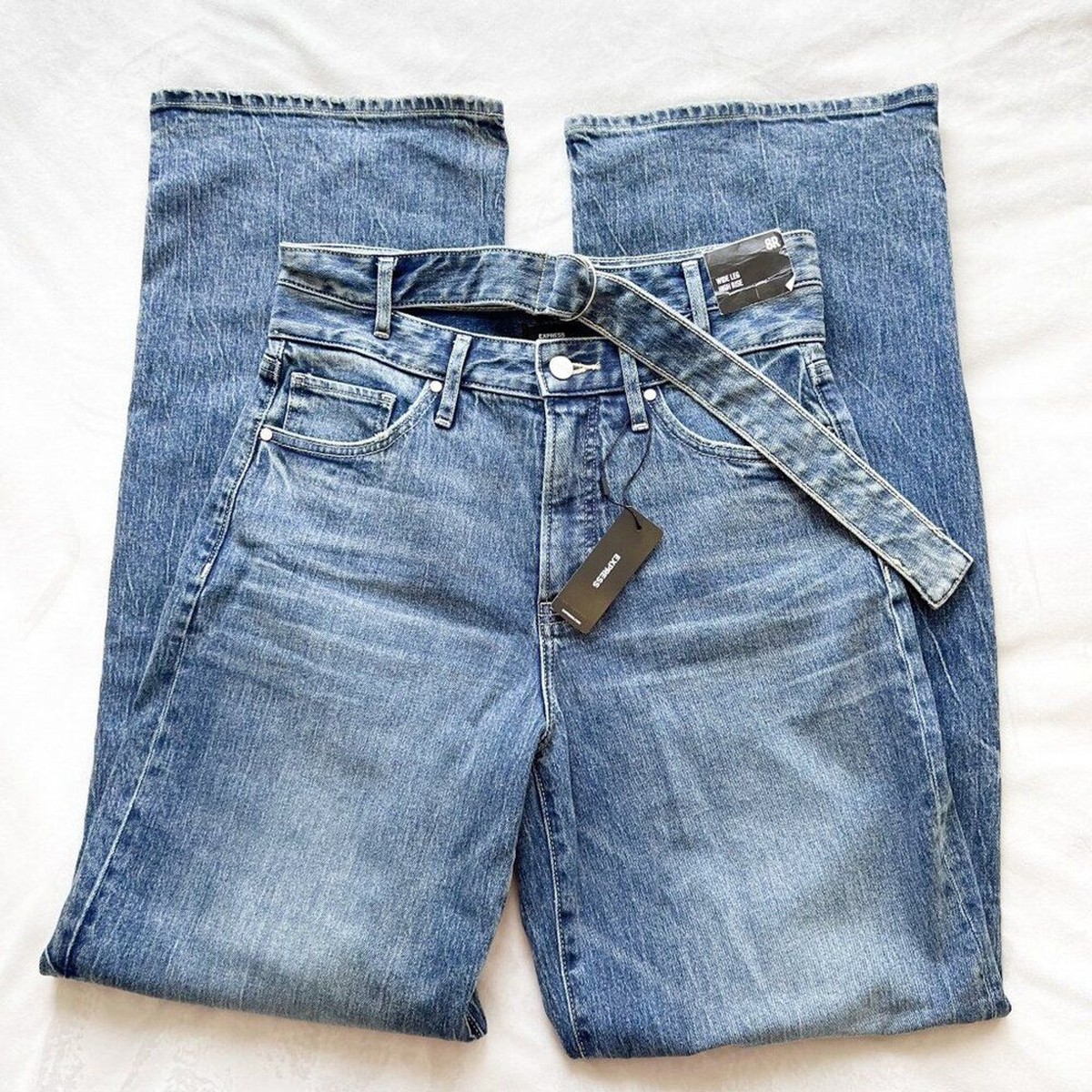 Express Blue Denim High Waisted Cutout D-Ring Belt Wide Leg