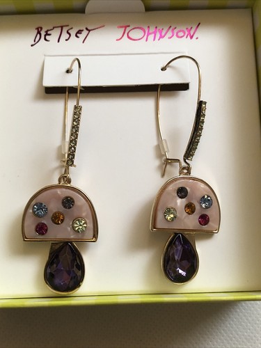 Betsey Johnson Gold Tone Enchanted Mushroom Drop Earrings Crystal Accents NIB