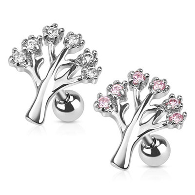Tragus Piercing Helix Ohr Baum Tree 6 Zirkonia rosa klar weiß Kristalle Steine 
