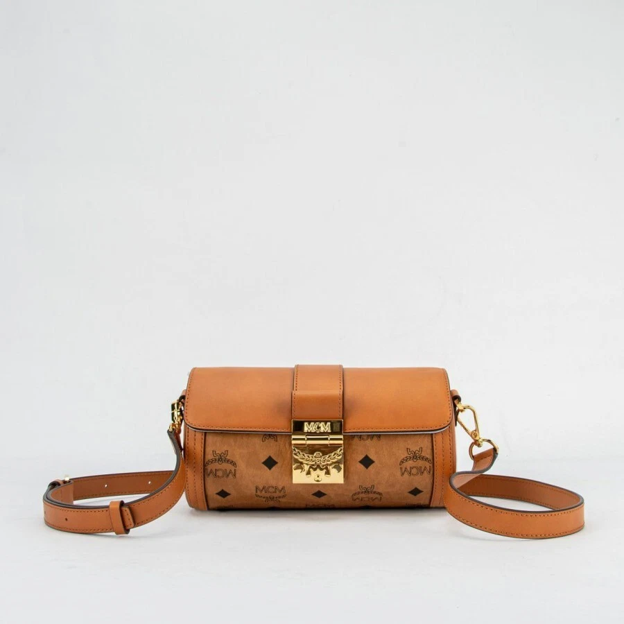 MCM Small Cylinder Visetos Monogram Leather Crossbody Bag Cognac