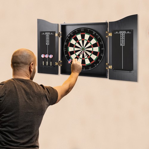 Wall-Mounted Black Dartboard Set with Cabinet and Darts for All Ages - Picture 21 of 21