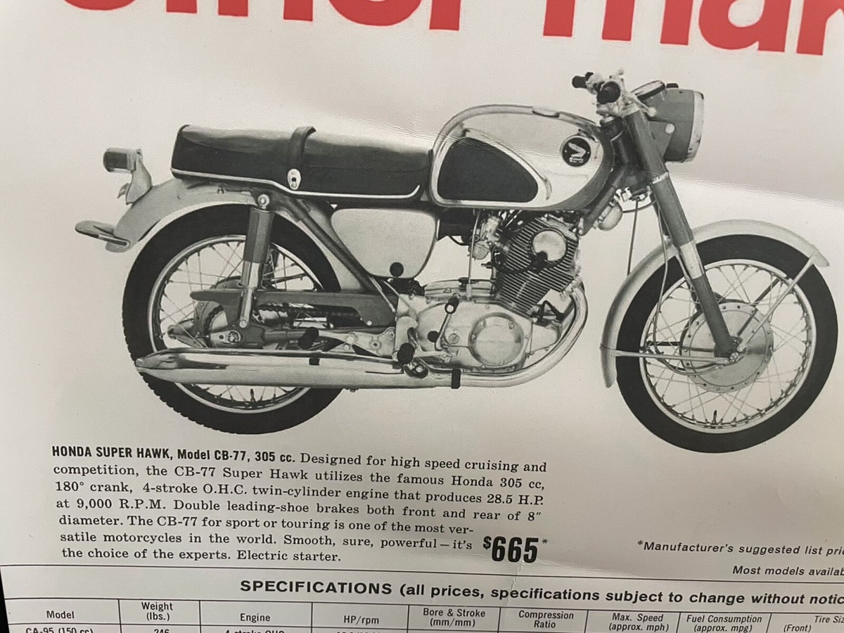 1960'S HONDA Dealer Model Poster 22 x 28 (Reprint) Super Hawk